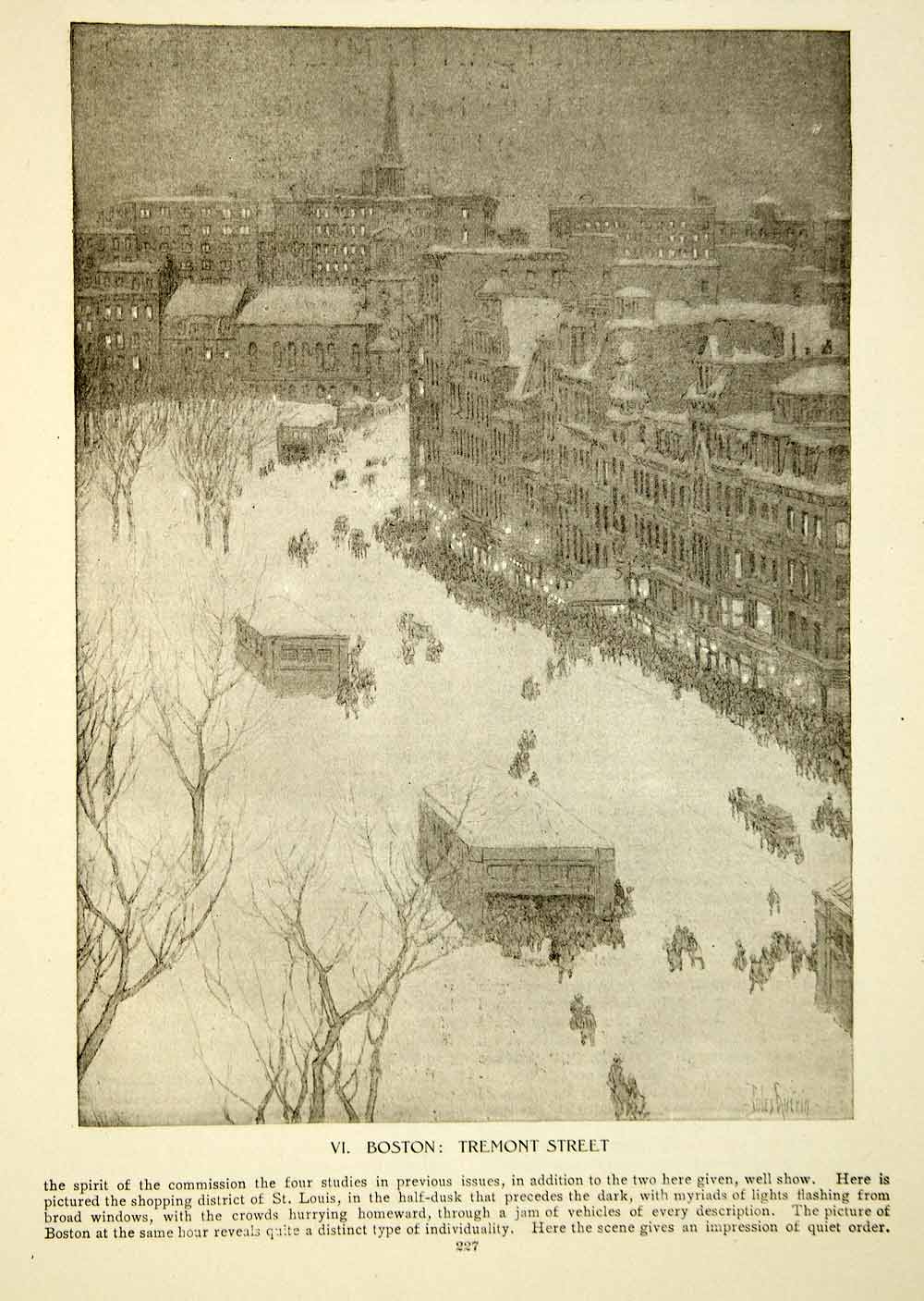 1909 Print Snow Winter Street Scene Cityscape Temont Boston Church Jules YDL5