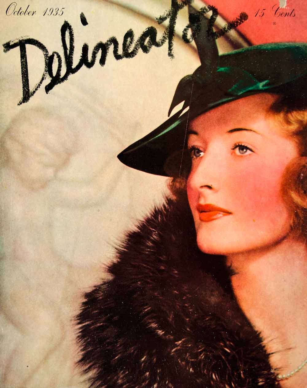 1935 Cover Delineator Woman Hat Fur Costume Art Great Depression Portrait YDL6