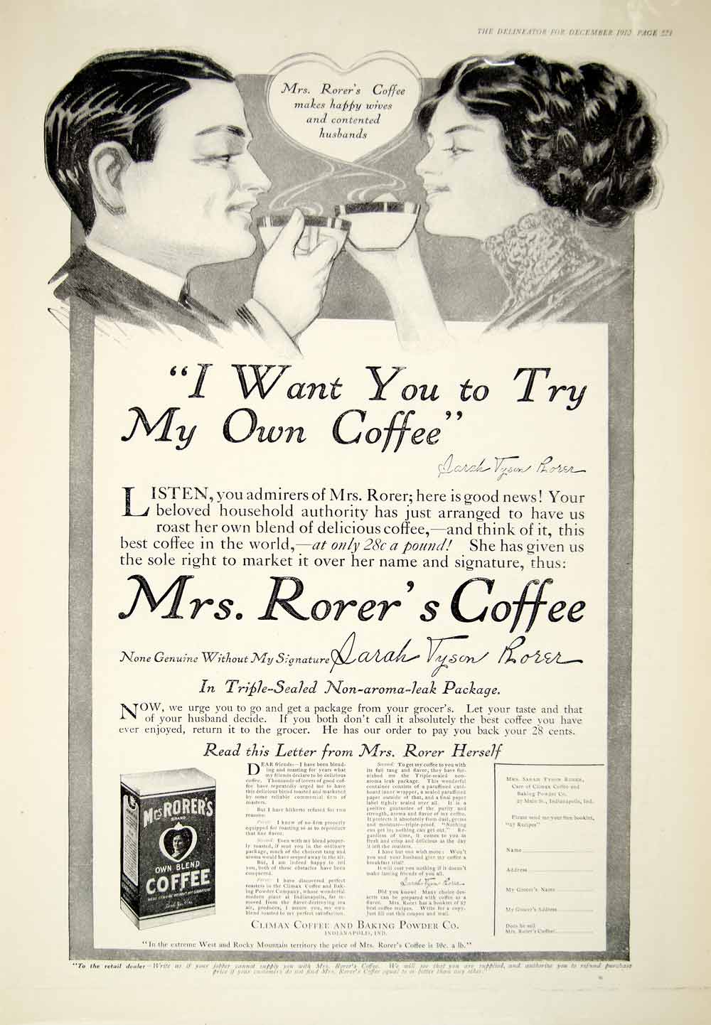 1910 Ad Mrs Rorer 27 Main St Indianapolis IN Climax Coffee Baking Powder YDL6