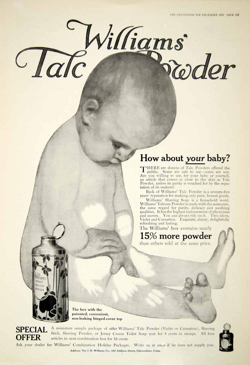 1910 Ad JB Williams 102 Addison St Glastonbury CT Baby Talcum Powder Health YDL6