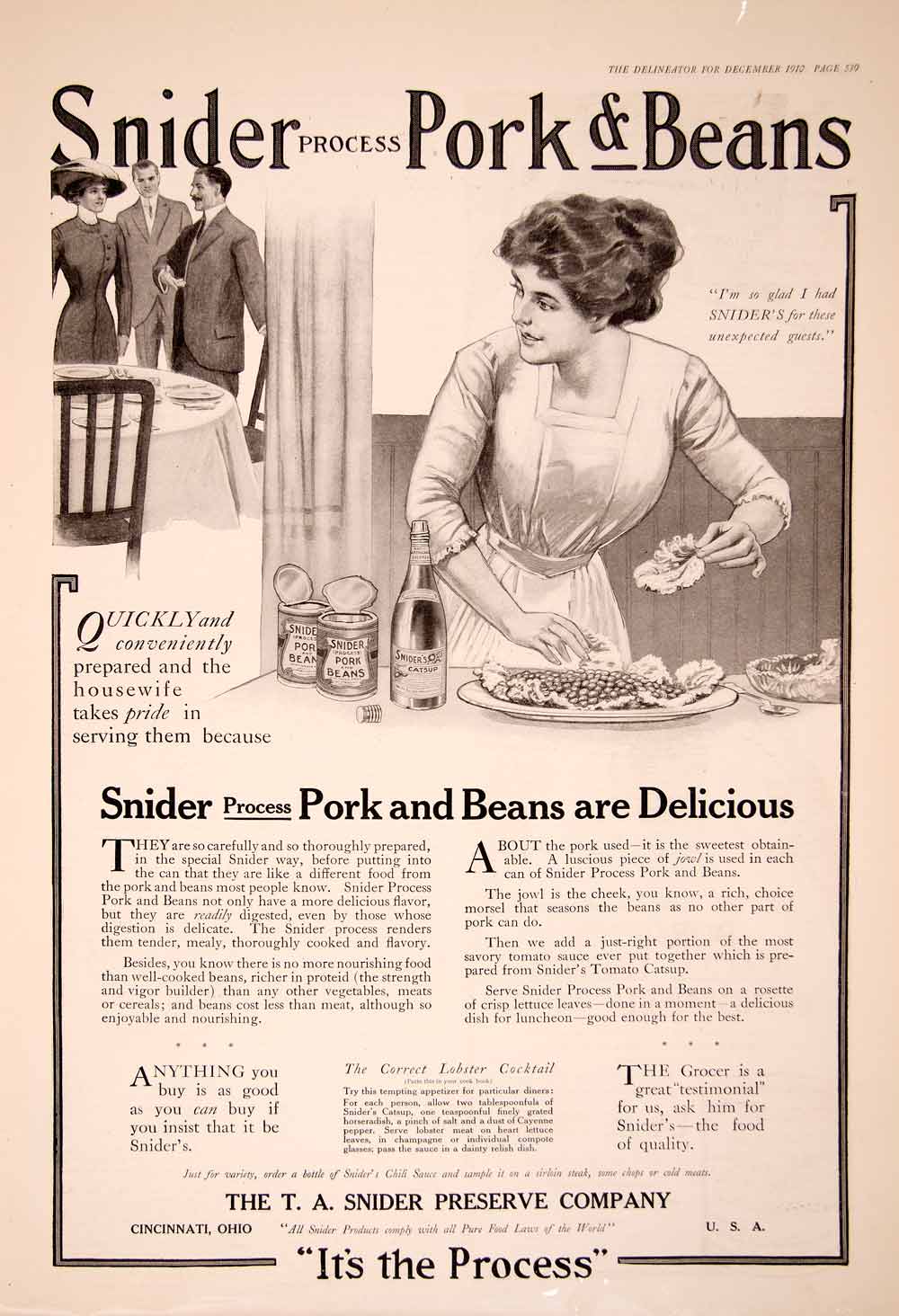 1910 Ad Snider Pork Beans Preserve Tin Can Catsup Process Hostess Food YDL6