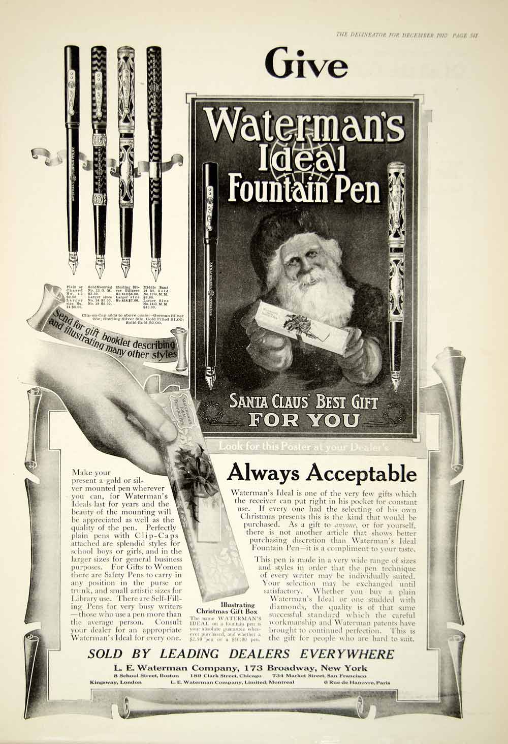 1910 Ad LE Waterman Ideal Fountain Pen Santa Claus 173 Broadway NY YDL6