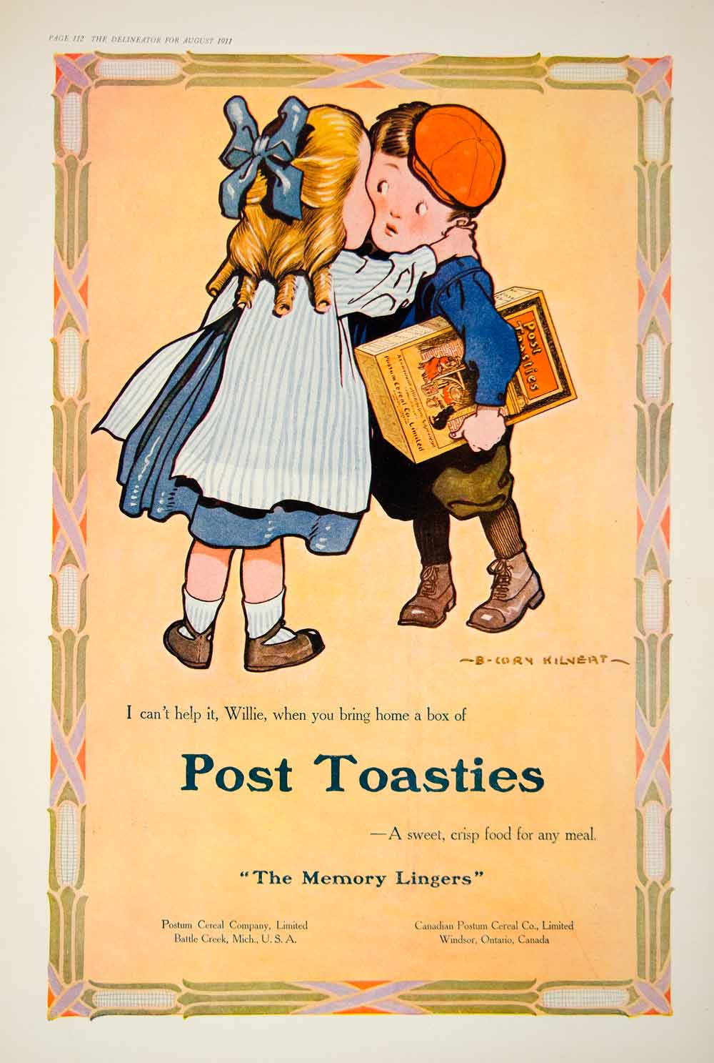 1911 Ad Post Toasties Benjamin Kilvert Kiss Willie Children Postum Cereal YDL6
