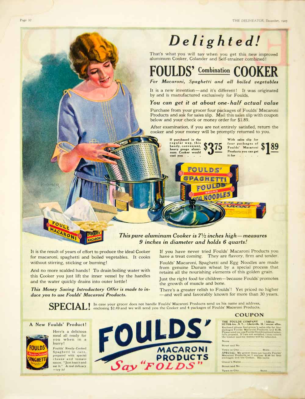 1925 Ad Foulds 522 Fifth Ave New York Macaroni Pasta Spaghetti Egg Noodle YDL6