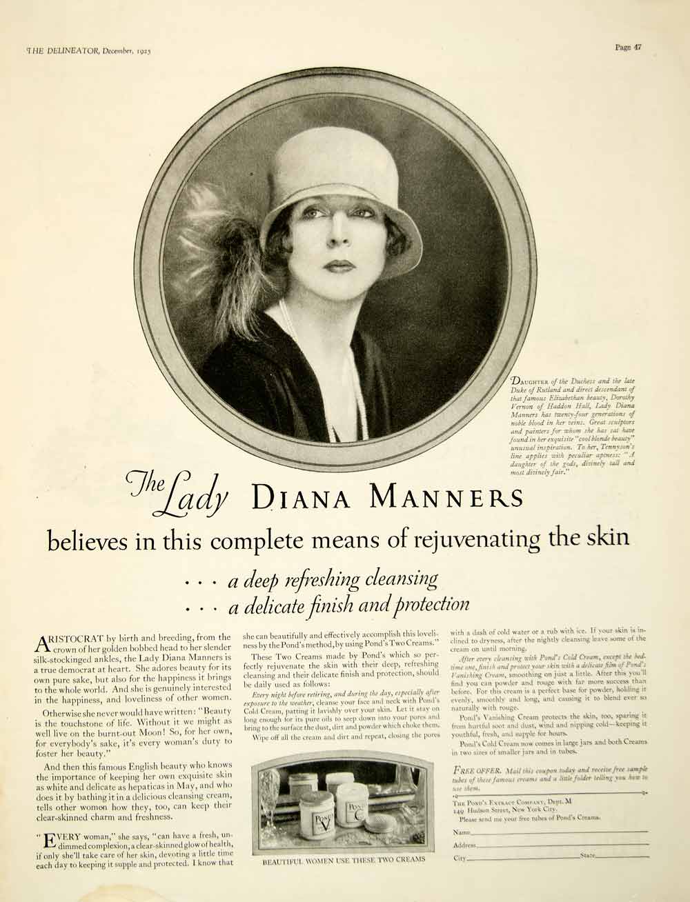 1925 Ad Pond Extract 149 Hudson St New York Skin Cream Women Diana Manners YDL6