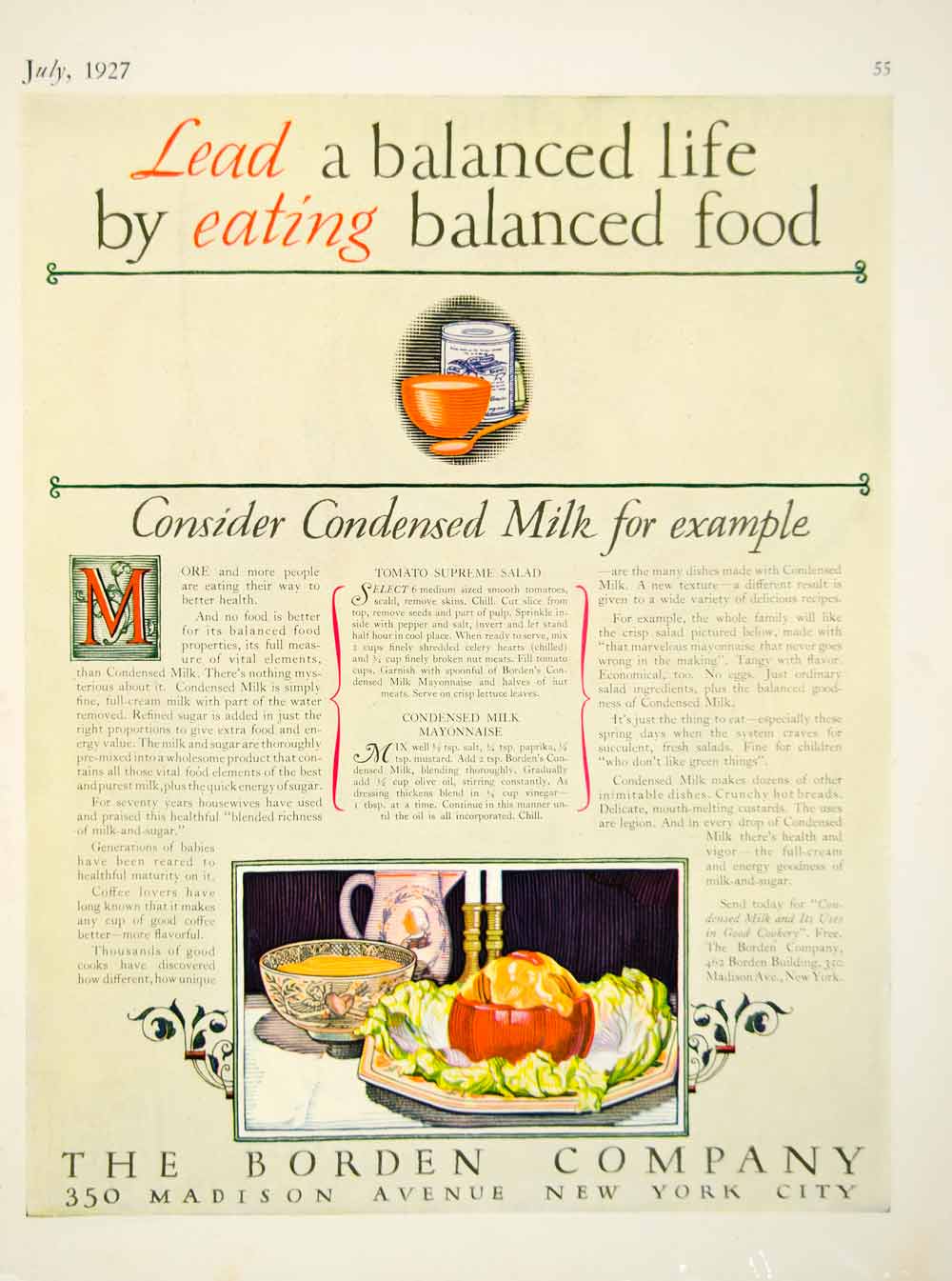 1927 Ad Borden 350 Madison Ave New York Condensed Milk Dairy Recipe Meal YDL6