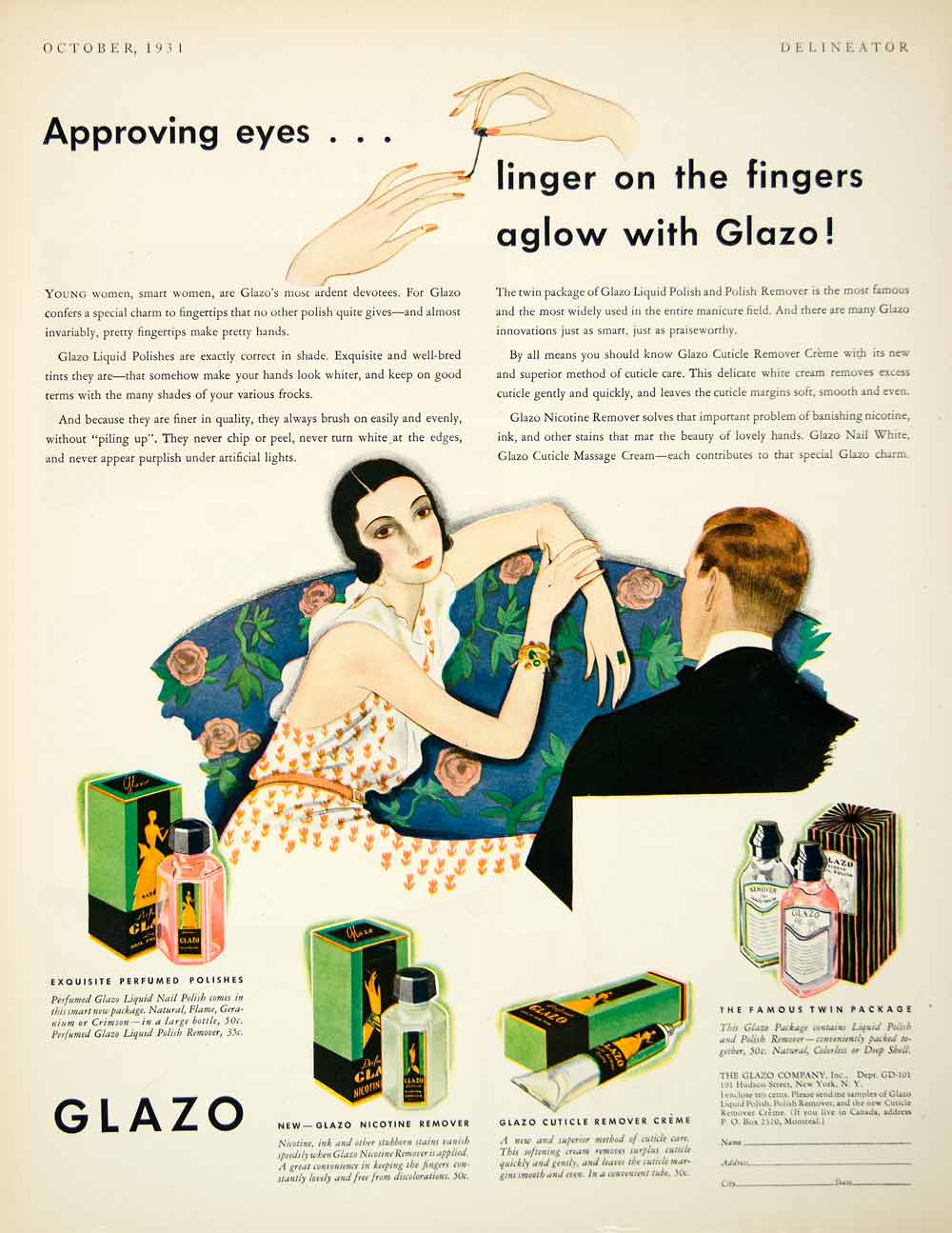 1931 Ad Glazo Perfume Nail Polish 191 Hudson St NYC Nicotine Cuticle YDL6