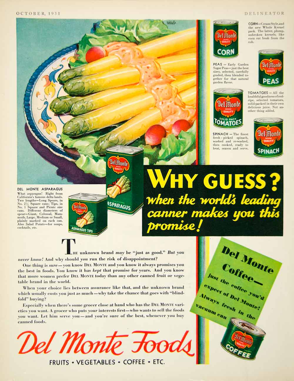 1931 Ad Del Monte Foods Canned Vegetables Fruit Coffee Corn Peas Spinach YDL6