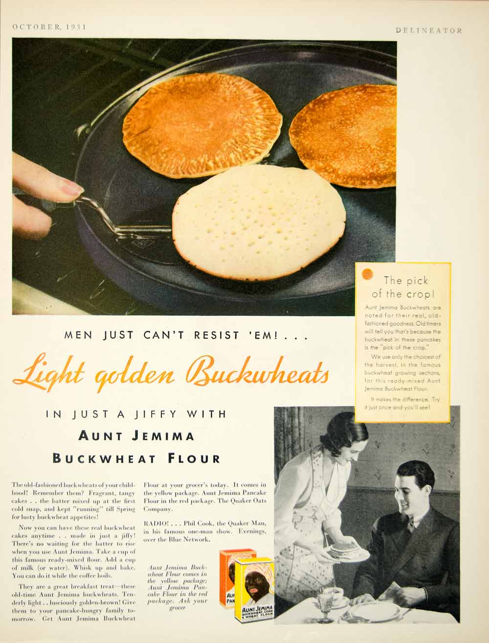 1931 Ad Aunt Jemima Buckwheat Flour Pancake Breakfast Food Grocery Skillet YDL6