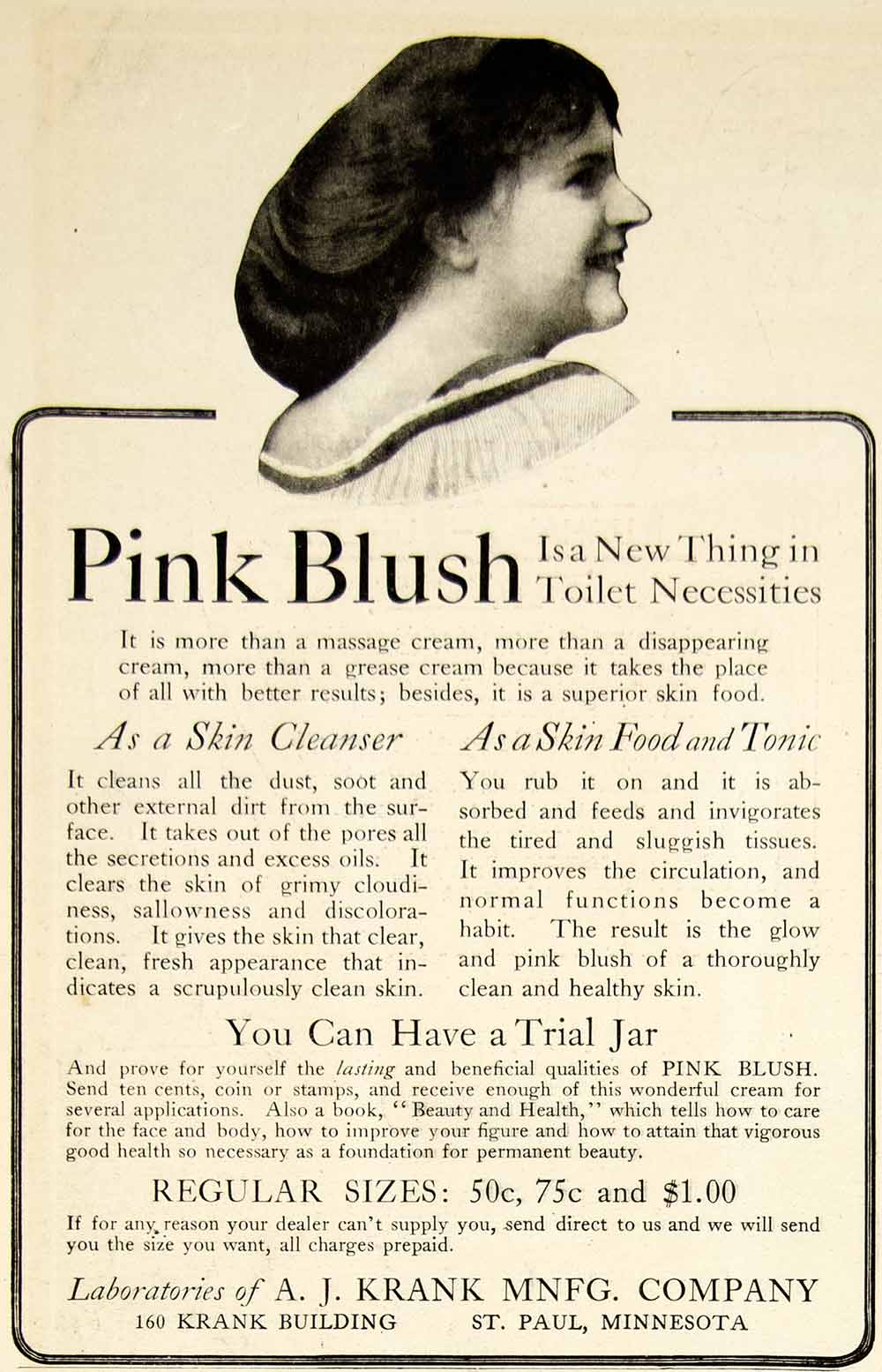 1910 Ad AJ Krank St Paul Minnesota Pink Blush Makeup Women Cosmetic YDL6