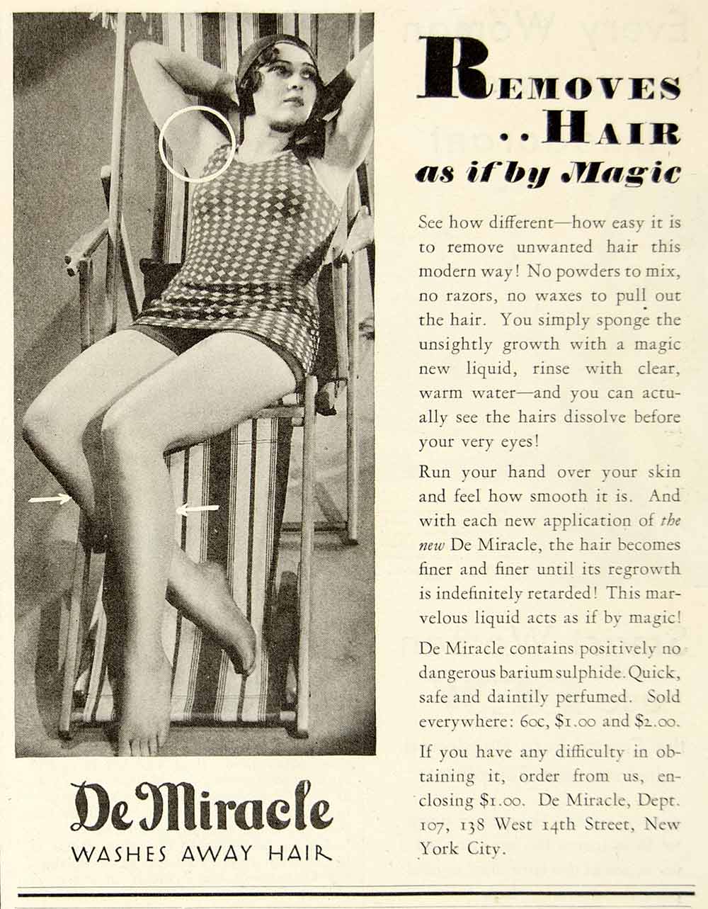 1929 Ad De Miracle Body Hair Remover Sponge 138 W 14th St New York Woman YDL6