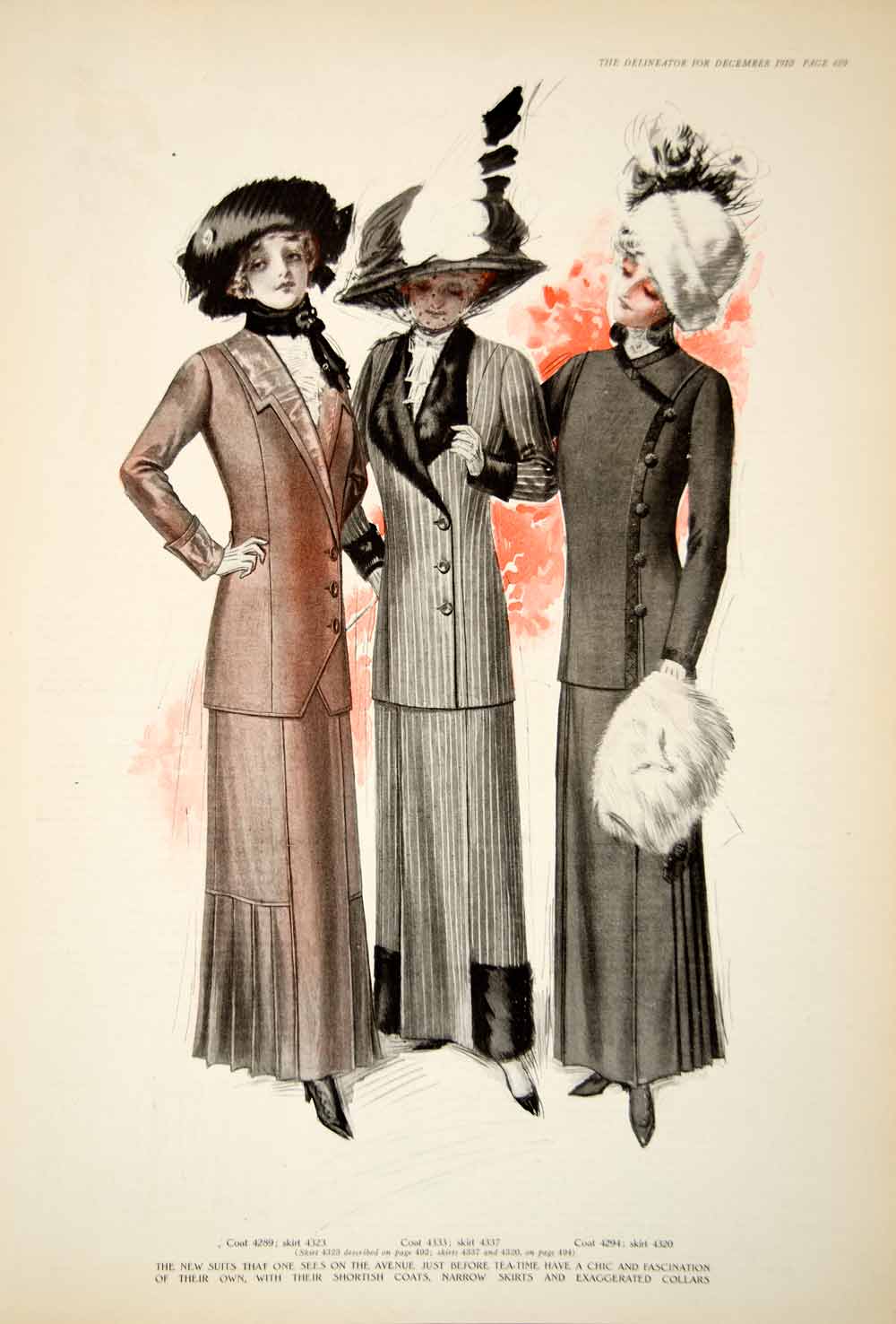 1910 Print Women Suit Fashion 1910's Hat Collar Jacket Skirt Muff Clothing YDL6
