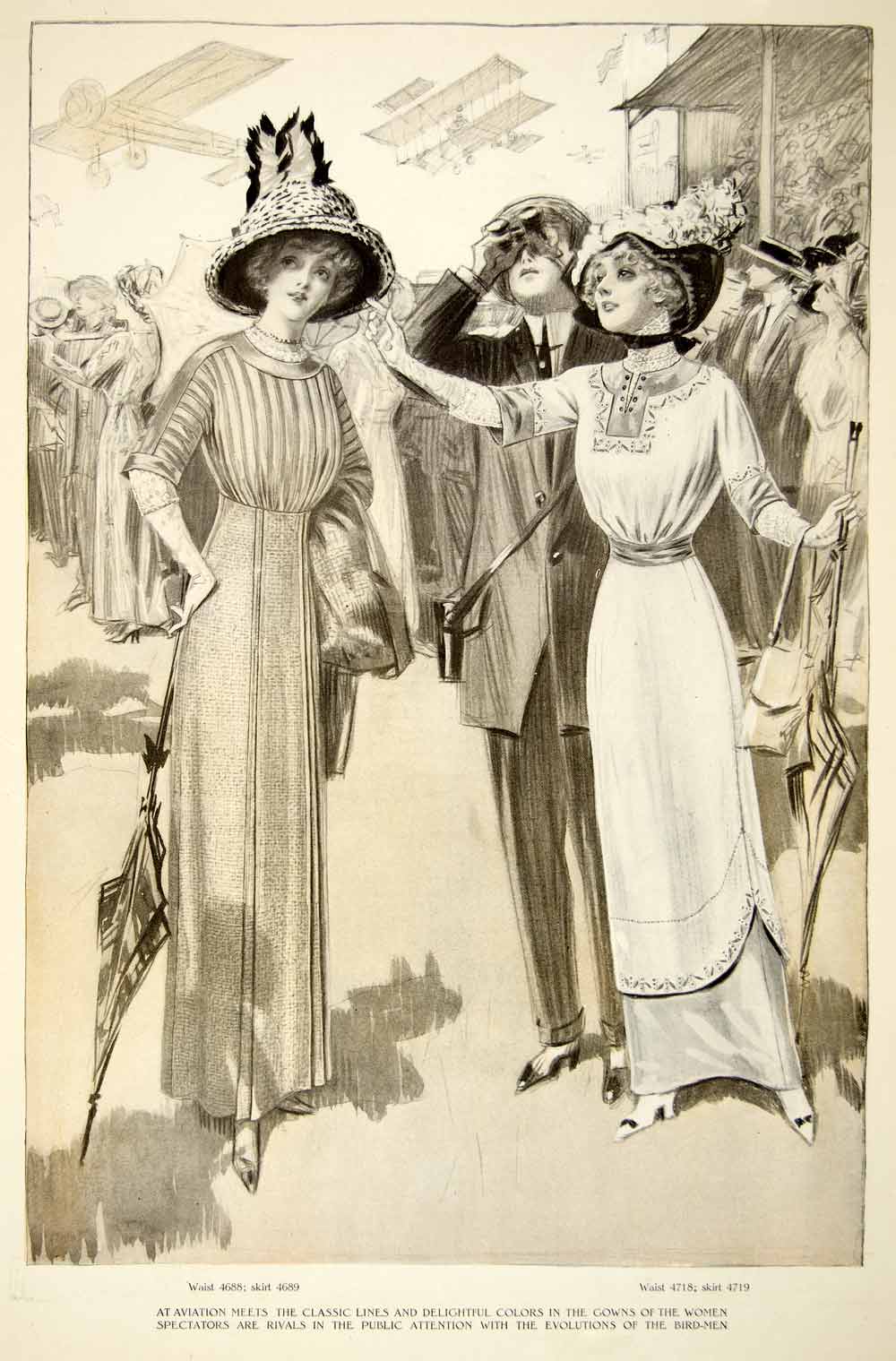 1911 Print Aviation Women Fashion Gown Style Umbrella Crowd Flight YDL   Period Paper Historic Art LLC