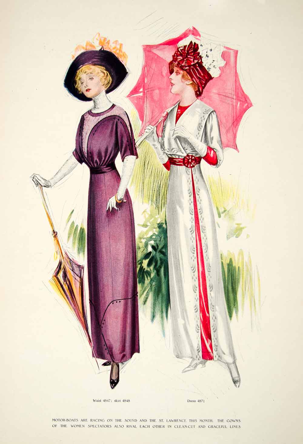 1911 Print Art Ladies Costume Gown Umbrella Bow Hat Floral Umbrella Lace YDL6