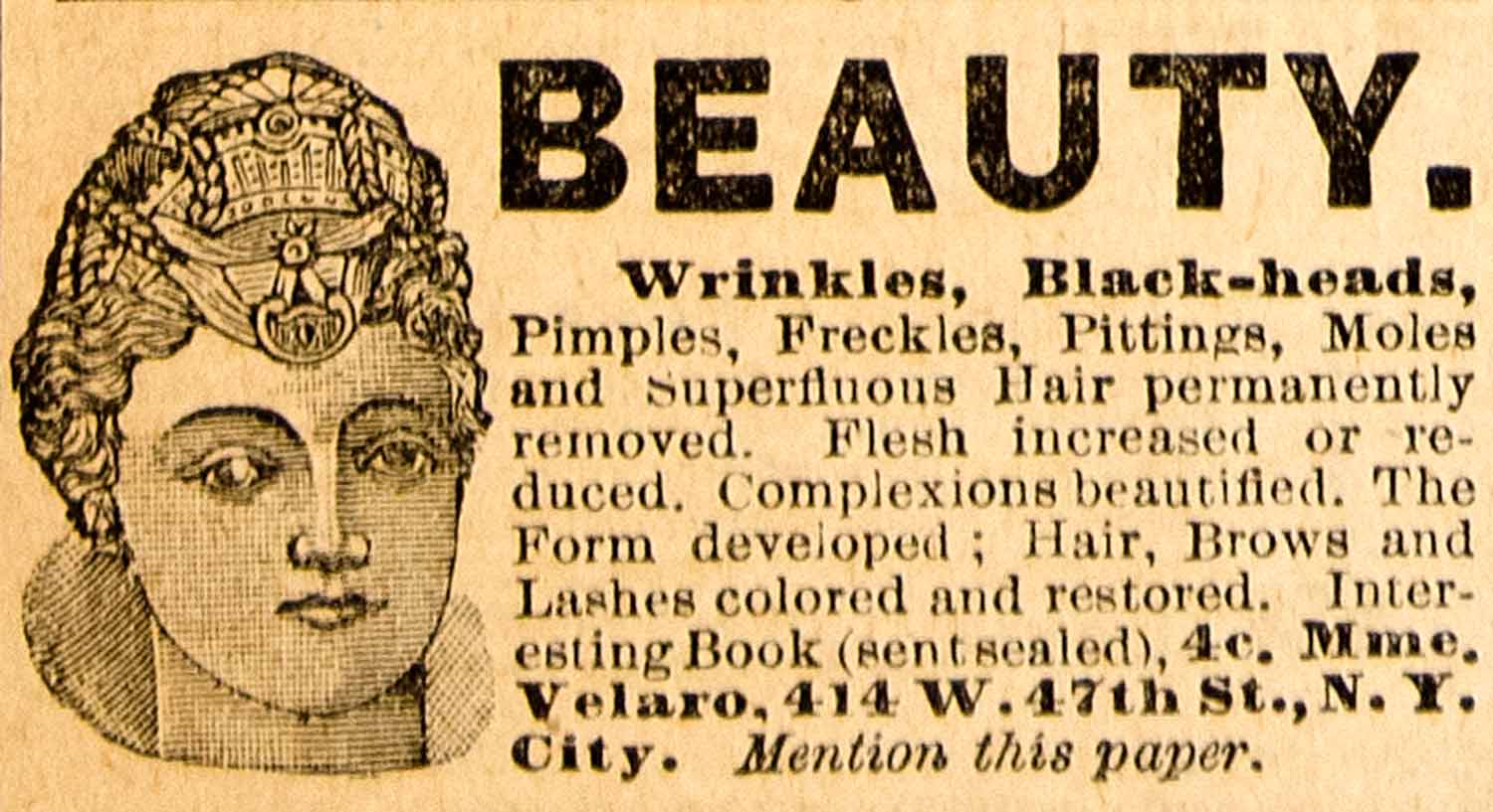 1890 Ad Victorian Women Health Beauty Complexion Velaro New York Hair YDL7