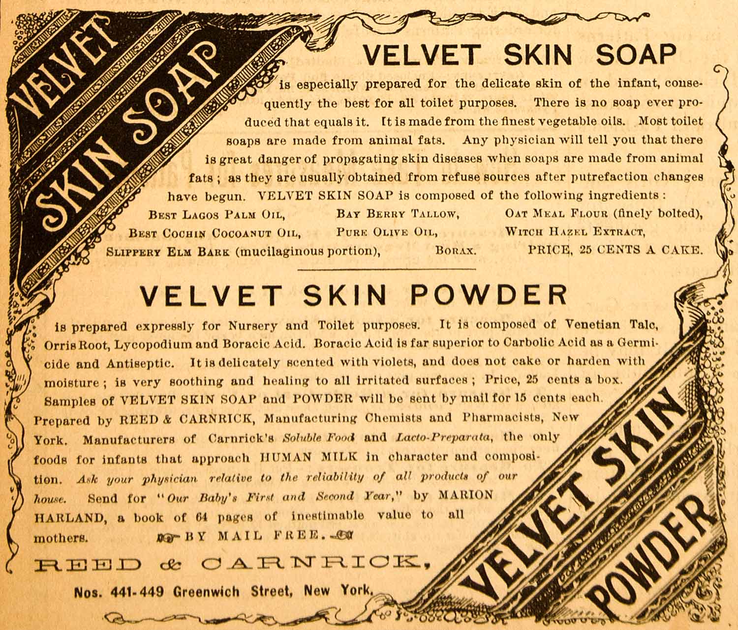 1890 Ad Velvet Skin Powder Soap Reed Carnrick Cosmetic Health Beauty YDL7