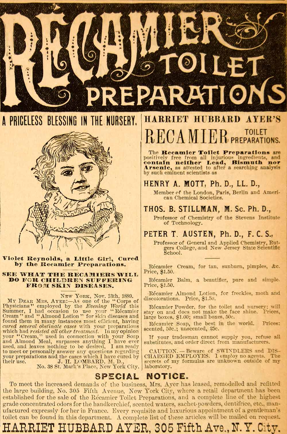 1890 Ad Children Recaimer Toilet Preparations Harriet Hubbard Ayer New York YDL7