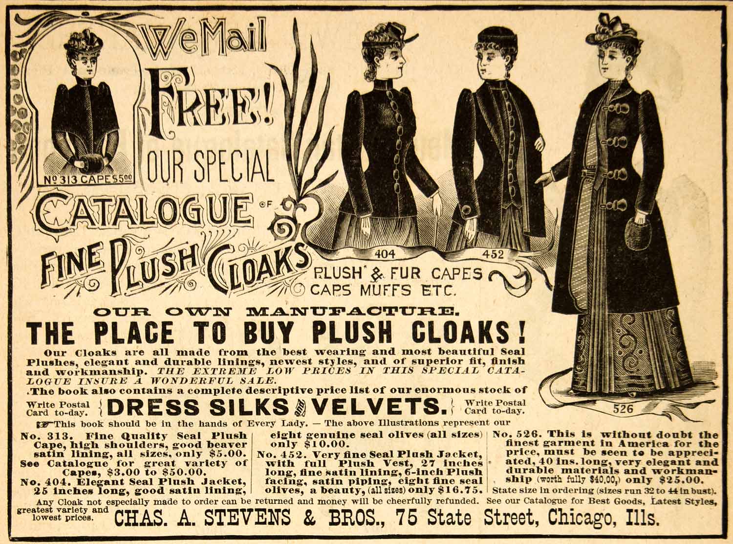 1890 Ad Dress Silk Velvet Cloaks Fashion Clothing Victorian Women Chas A YDL7