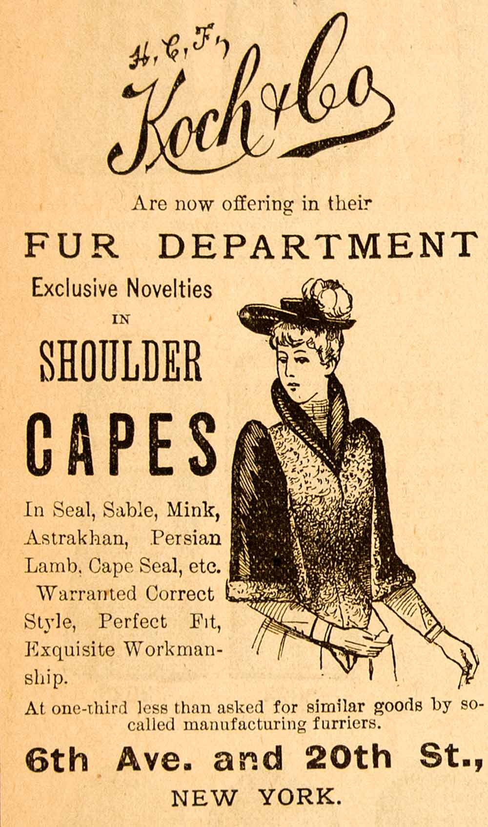 1890 Ad Koch Company Fur Cape Department New York Victorian Women Fashion YDL7