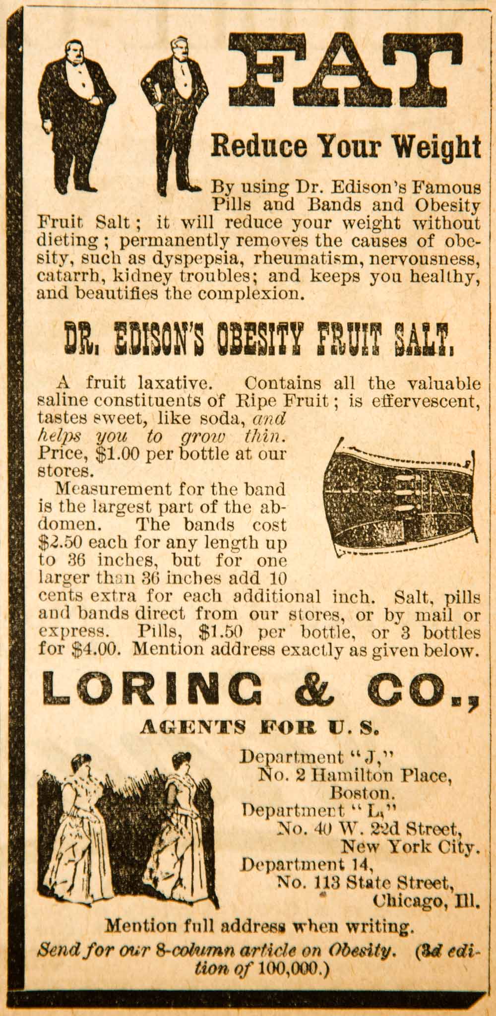 1893 Ad Dr Edison Obesity Fruit Salt Medical Weight Loss Quackery Loring YDL7