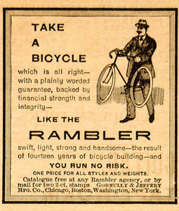 1894 Ad Rambler Bicycle Bike Ride Gormully Jeffery Manufacturing Company YDL7