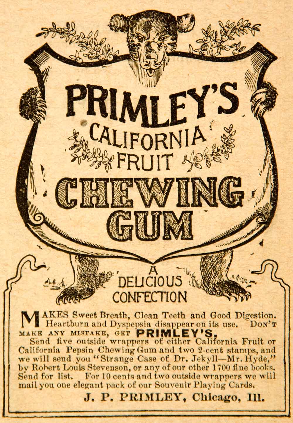 1894 Ad Primleys California Fruit Chewing Gum Chicago Illinois Bear Animal YDL7