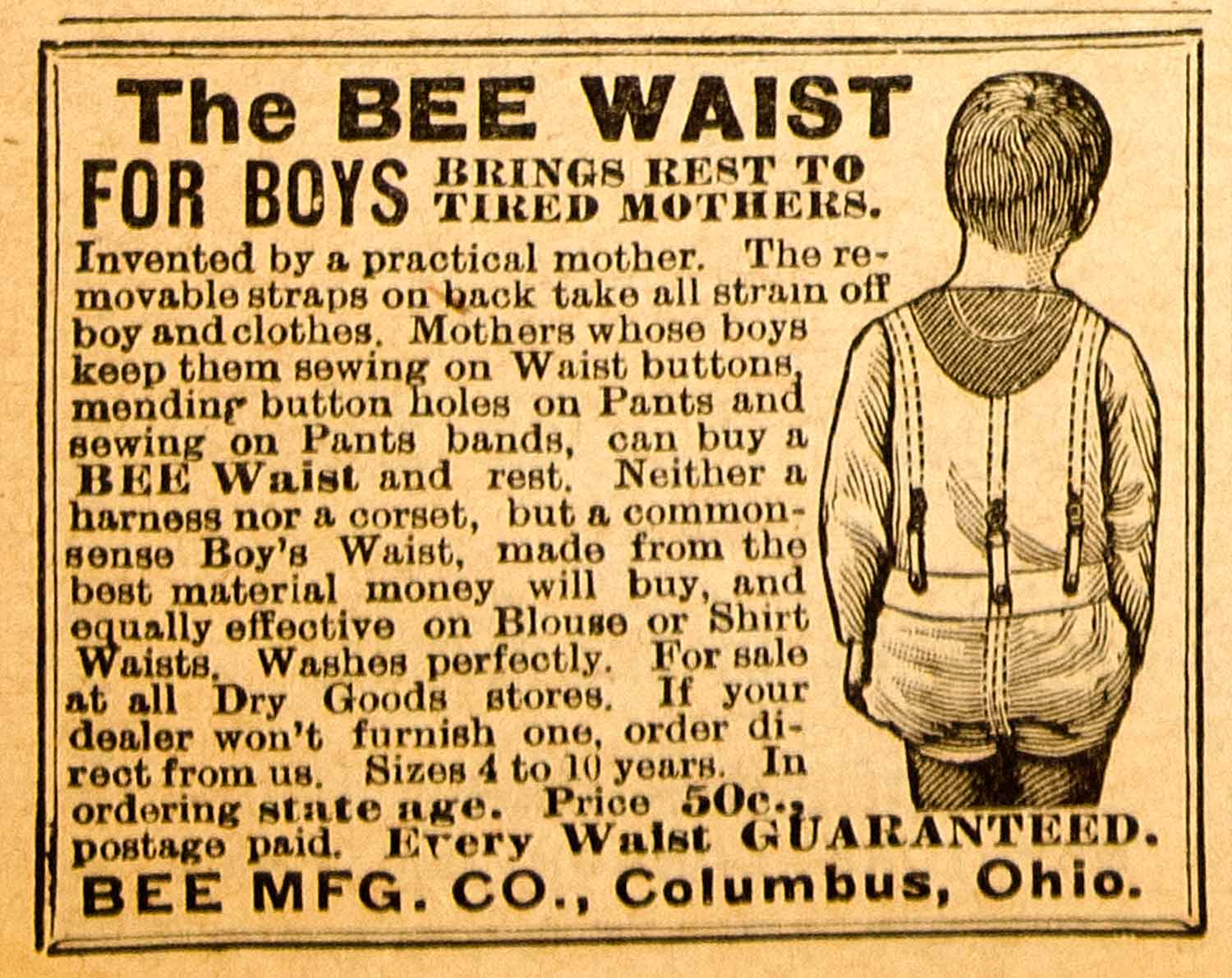 1894 Ad Bee Waist Boys Manufacturing Company Columbus Ohio Suspenders YDL7