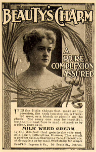 1898 Ad Beautys Charm Milk Weed Cream Health Victorian Women Portrait YDL7