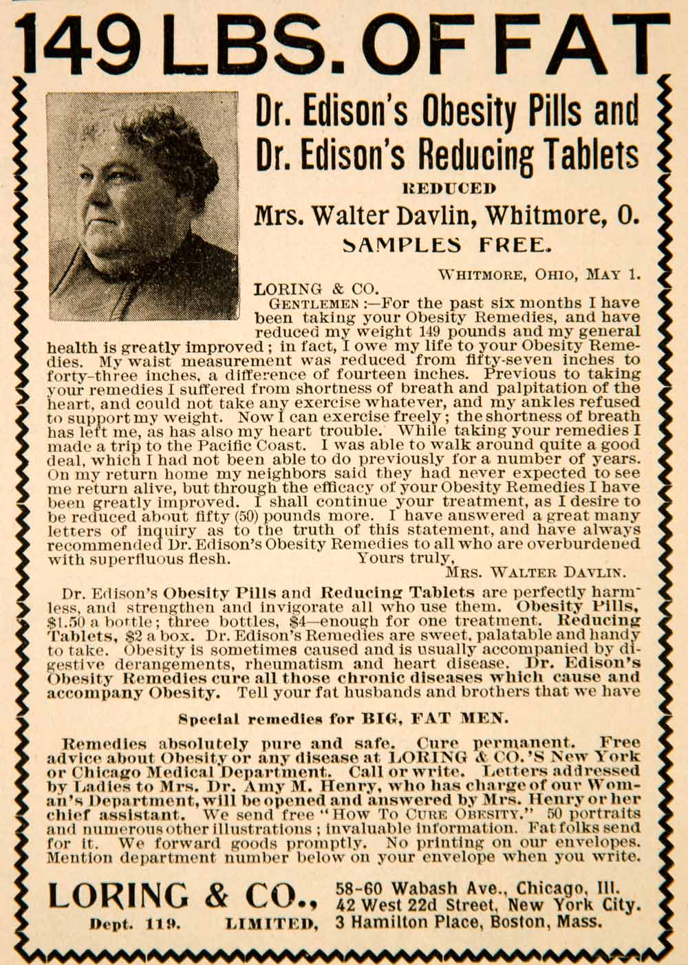 1898 Ad Dr Edisons Obesity Pills Reducing Tablets Loring Chicago Weight YDL7