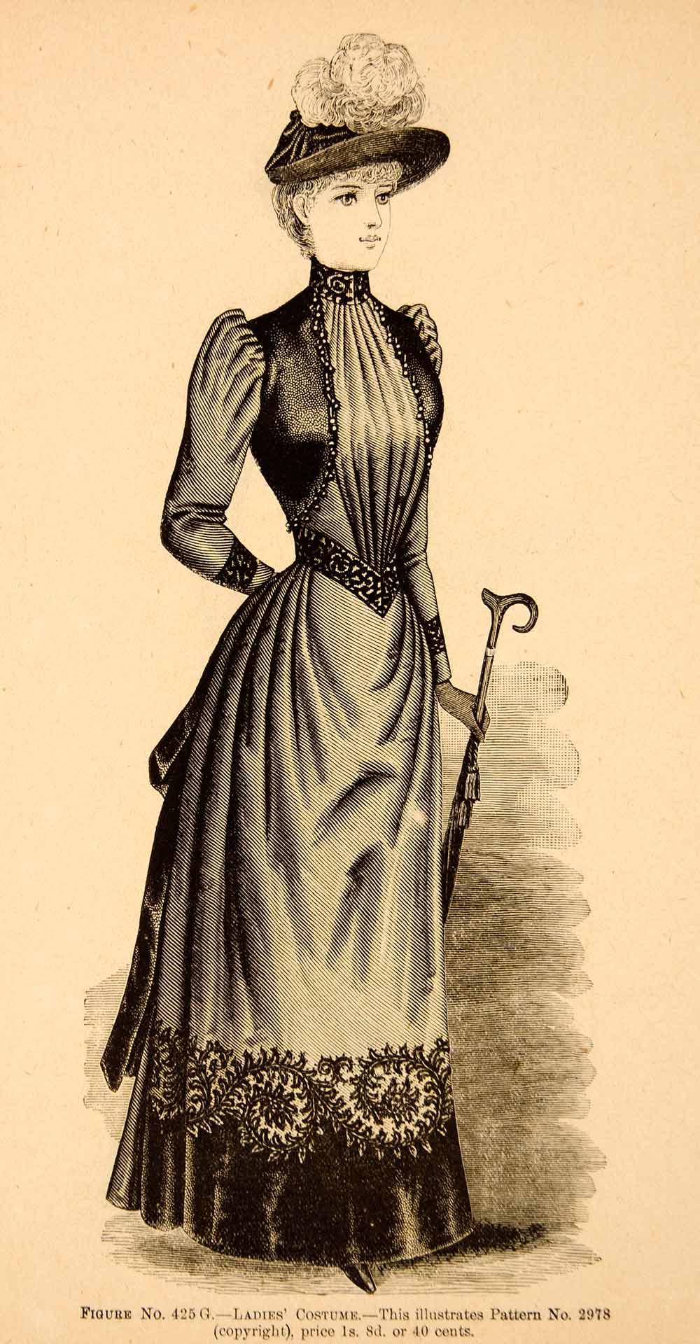 victorian women's dress 1889 Wood Engraving Portrait Fashion Clothing Victorian Woman Costume Dress  YDL7