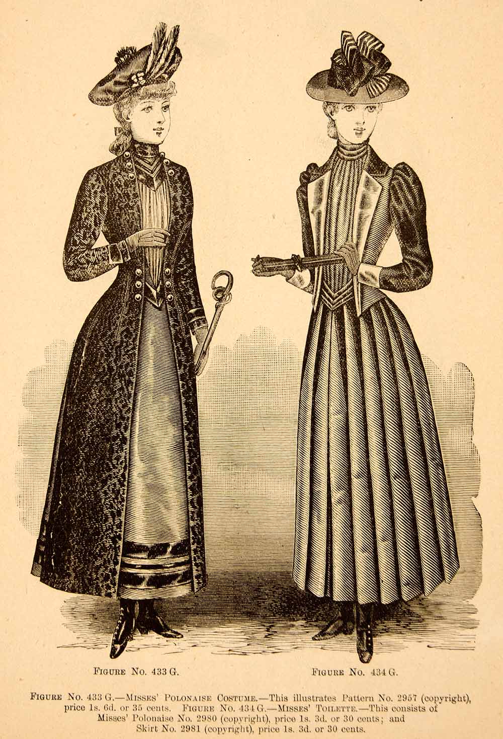 1889 Wood Engraving Fashion Dress Victorian Women Clothing Costume Hate YDL7 1889 Wood Engraving Fashion Dress Victorian Women Clothing Costume Hate YDL7