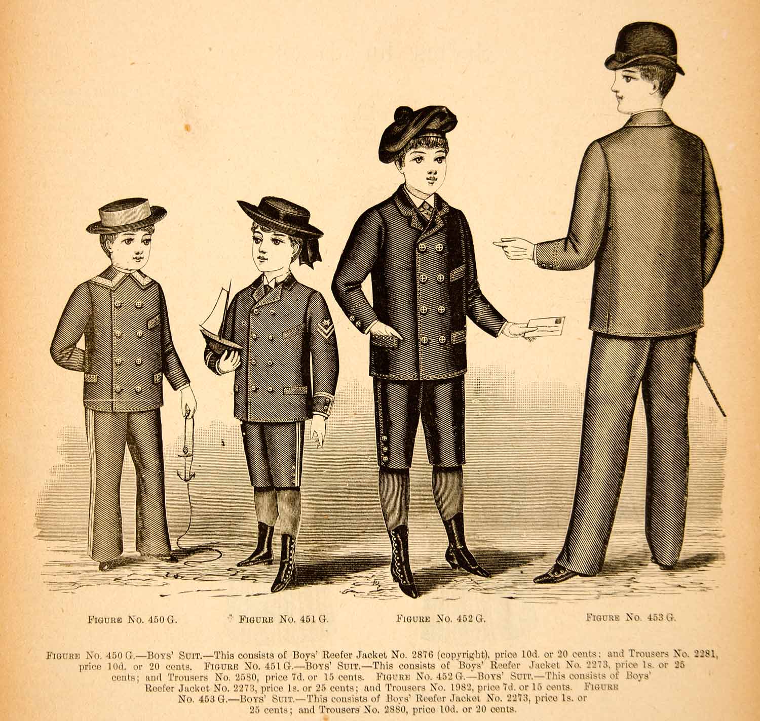 1889 Wood Engraving Children Boys Fashion Clothing Reefer Jacket Suit YDL7
