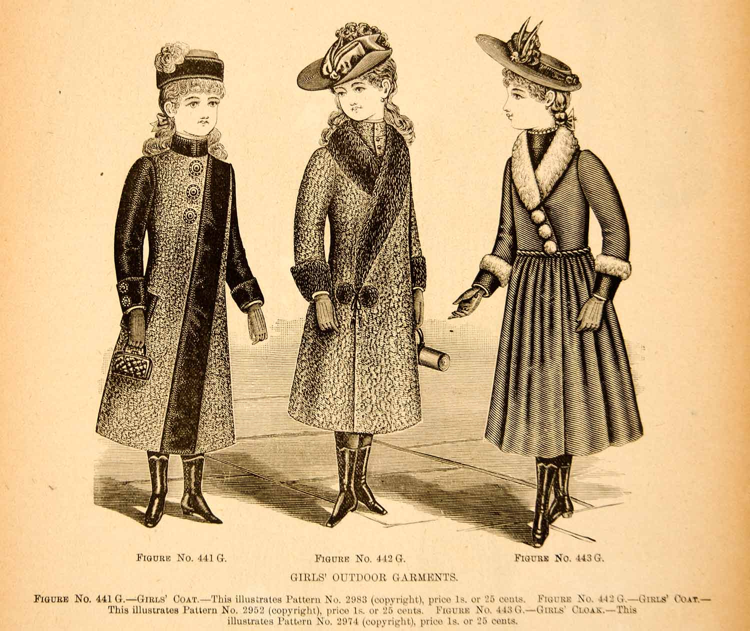 1889 Wood Engraving Victorian Girls Costume Clothing Fashion Coat Cloak YDL7