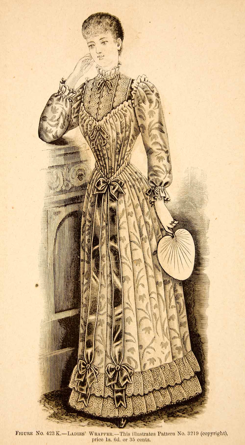 1890 Wood Engraving Fashion Costume Clothing Dress Victorian Wrapper Woman YDL7