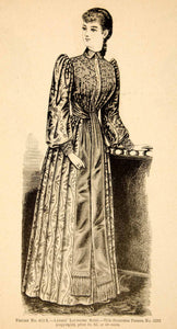 1890 Wood Engraving Fashion Victorian Woman Portrait Costume Clothing Dress YDL7