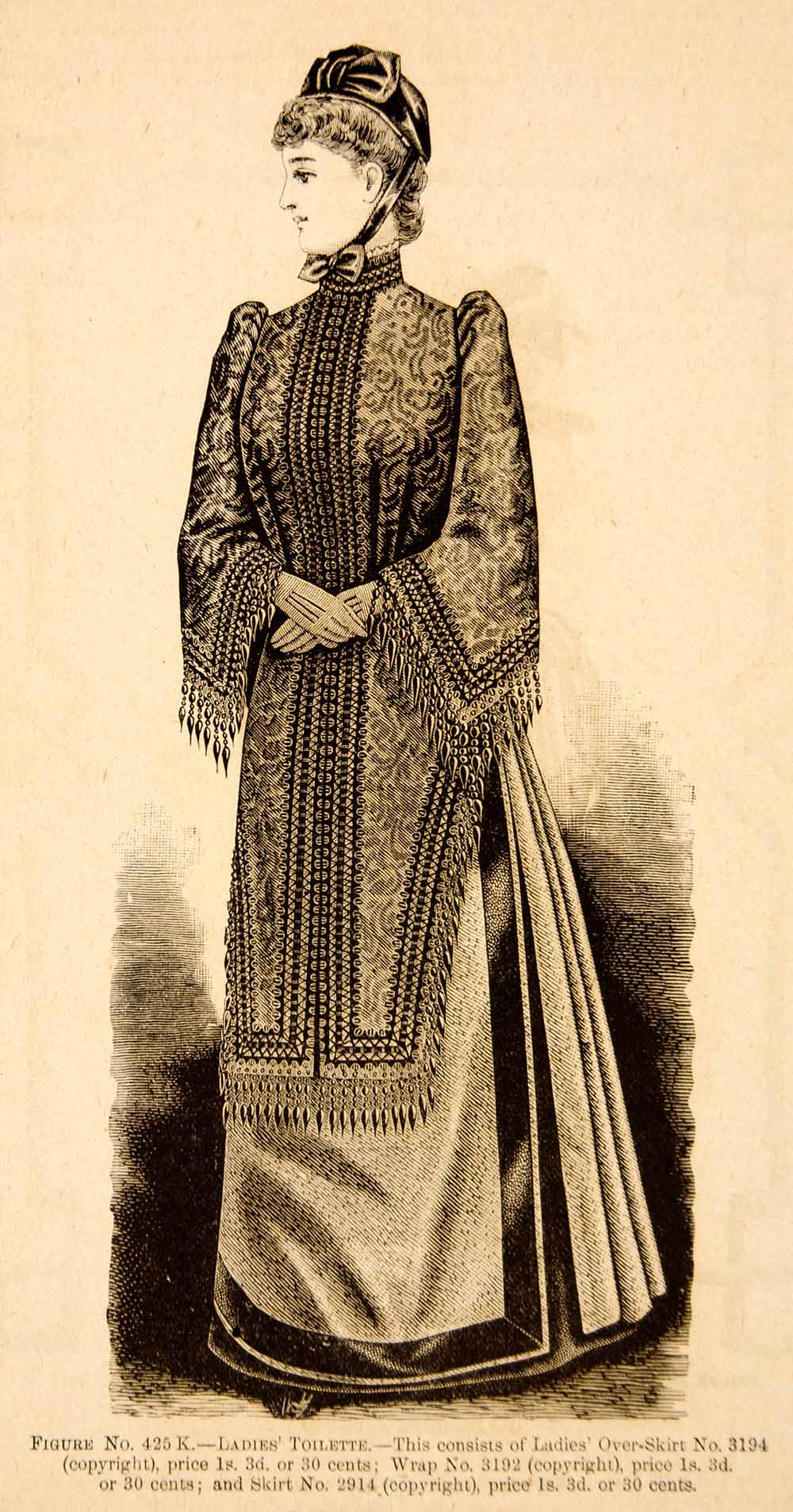 1890 Wood Engraving Portrait Fashion Costume Clothing Dress Victorian Woman YDL7