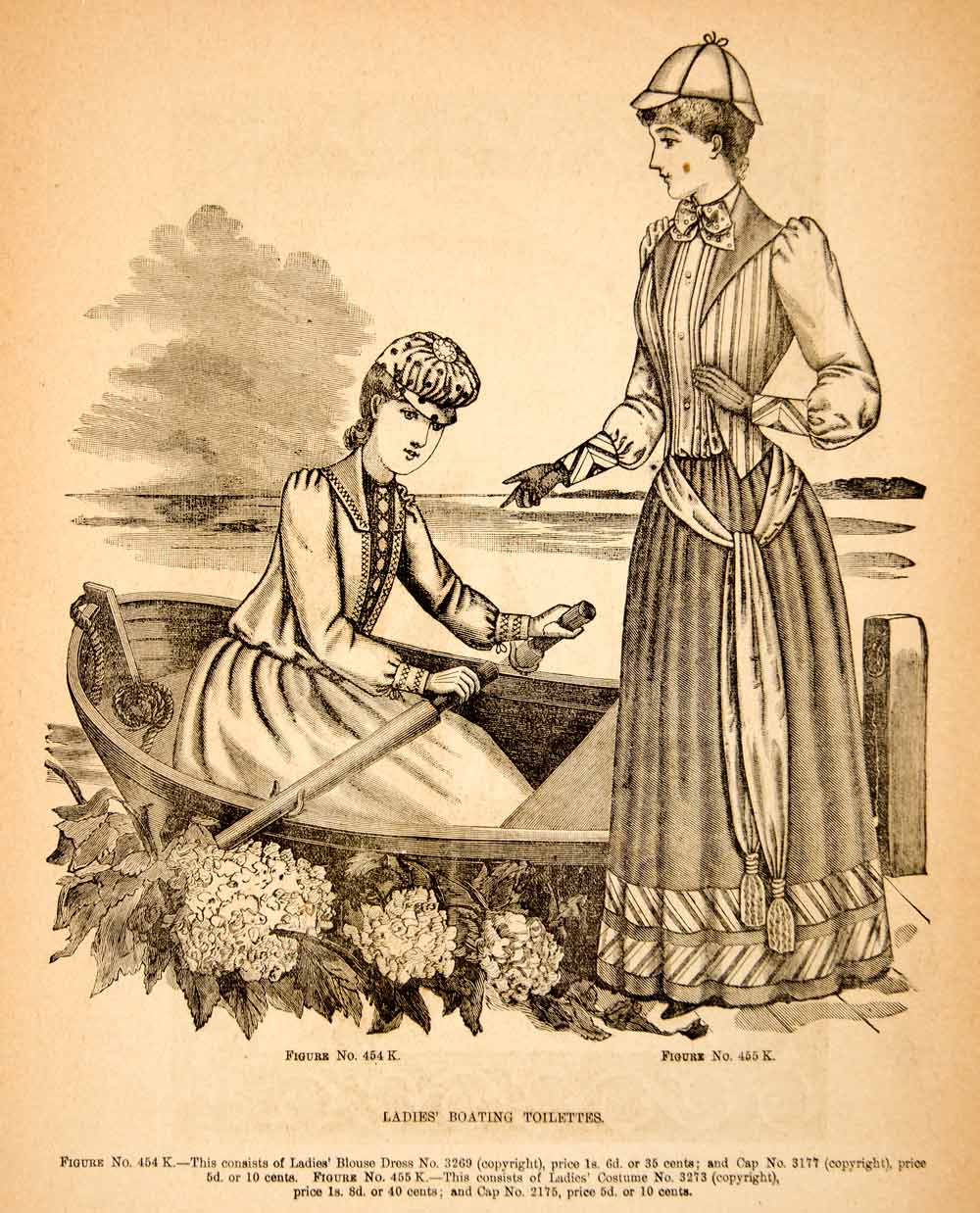 1890 Wood Engraving Victorian Women Boating Toilettes Costume Clothing YDL7