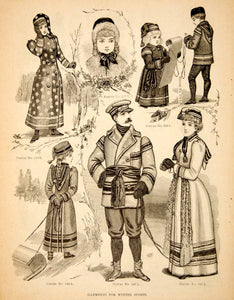 1890 Wood Engraving Victorian Children Adults Winter Garments Fashion YDL7