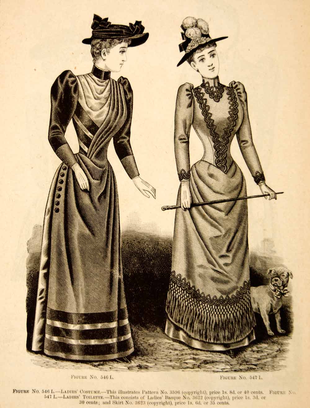 1890 Wood Engraving Fashion Costume Clothing Dress Victorian Women Hat YDL7