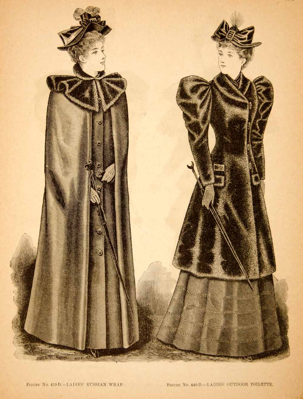 1893 Wood Engraving Fashion Women Victorian Russian Wrap Outdoor Toilette  YDL7