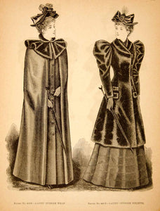 1893 Wood Engraving Fashion Women Victorian Russian Wrap Outdoor
