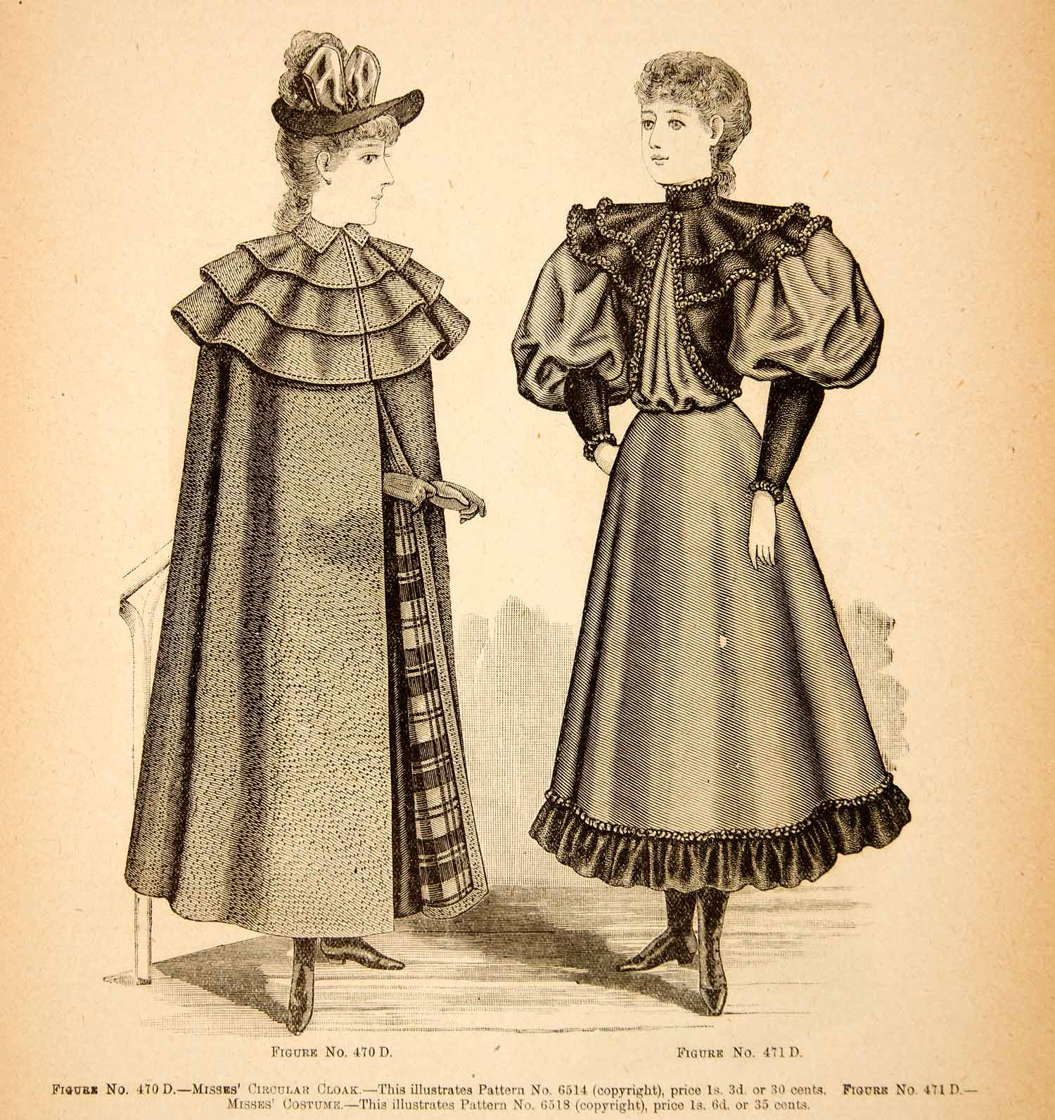 1893 Wood Engraving Fashion Victorian Women Circle Cloak Coat Clothing YDL7