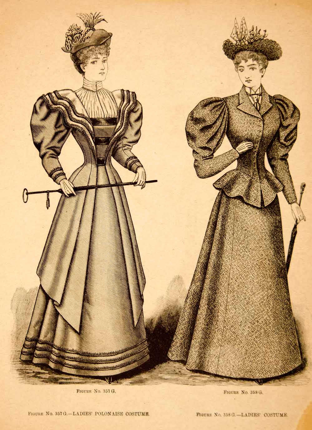 1894 Wood Engraving Portrait Fashion Victorian Women Dress Costume Clothing YDL7