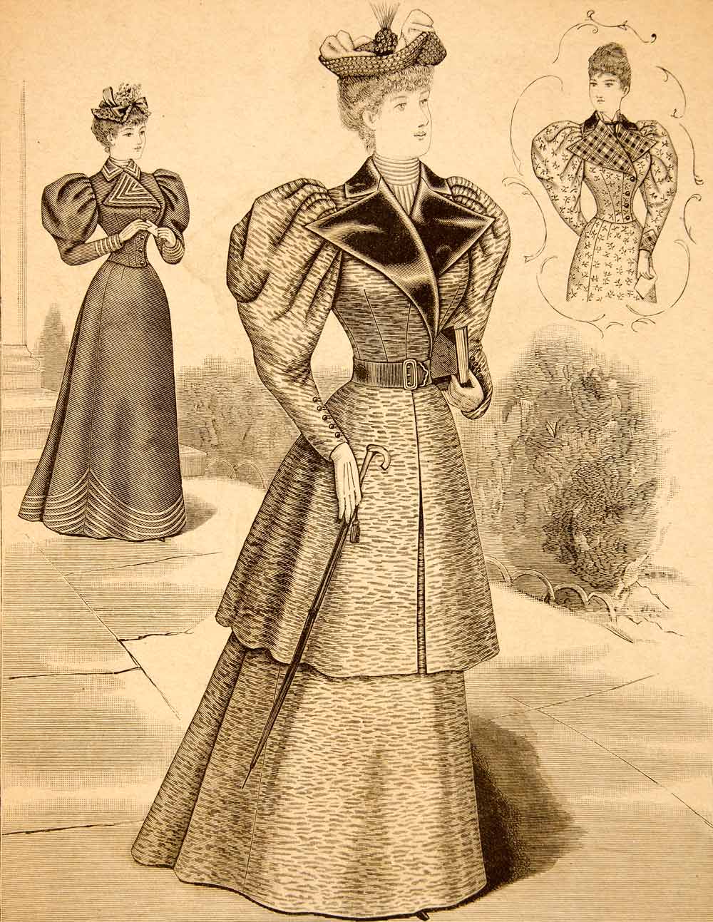 1894 Wood Engraving Portrait Fashion Costume Clothing Victorian Women Hat YDL7