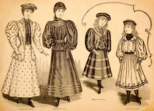 1894 Wood Engraving Fashion Victorian Women Children Dress Clothing Costume YDL7