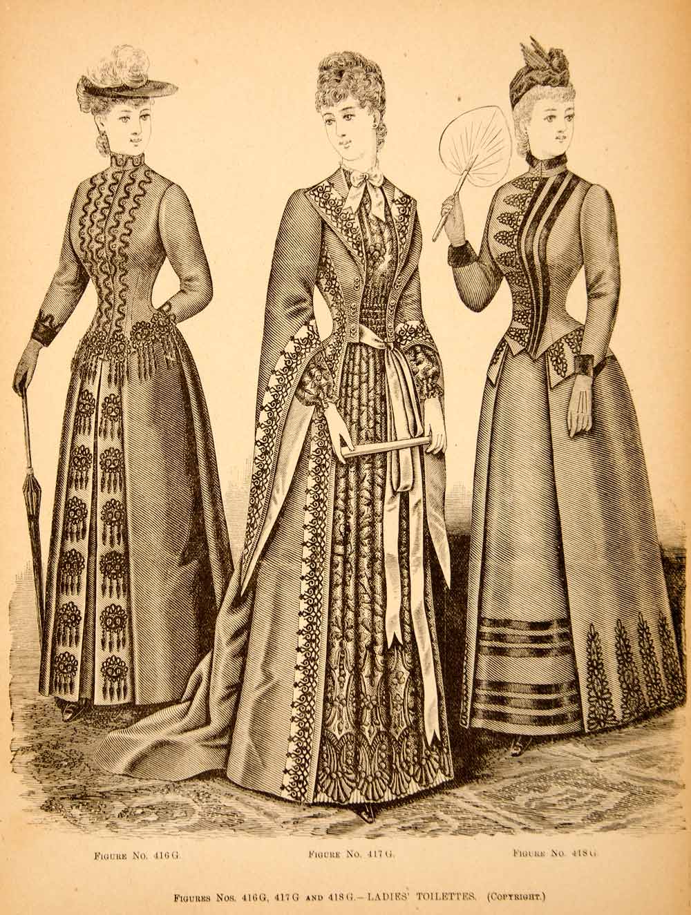 1889 Wood Engraving Fashion Victorian Women Waist Fan Clothing Costume YDL7