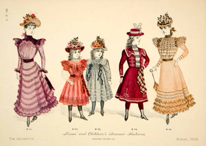 1898 Print Fashion Victorian Children Women Girls Costume Clothing YDL7