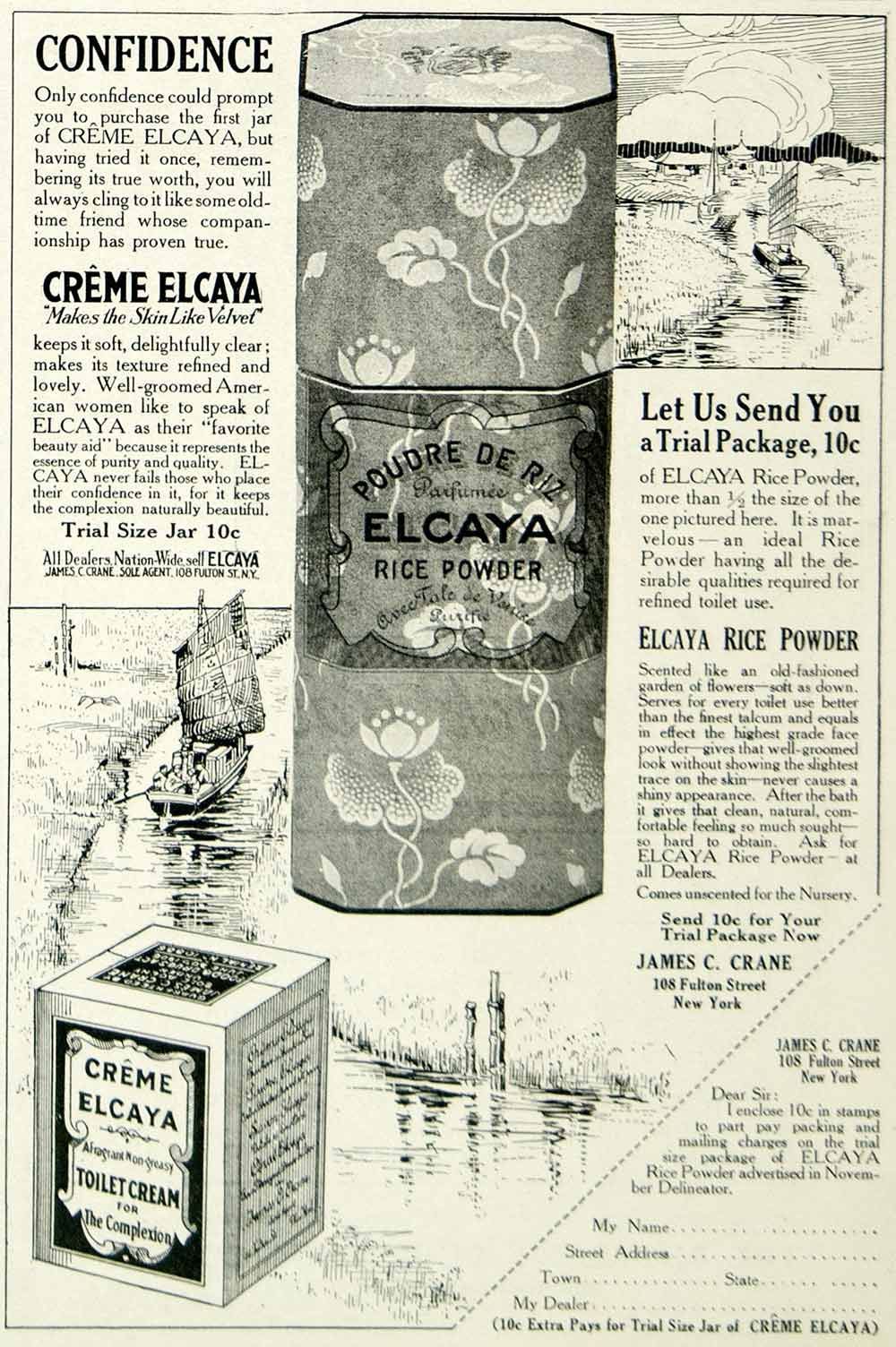 1913 Ad Vintage Creme Elcaya Rice Powder Toilet Face Cream Beauty Poudre de YDL8