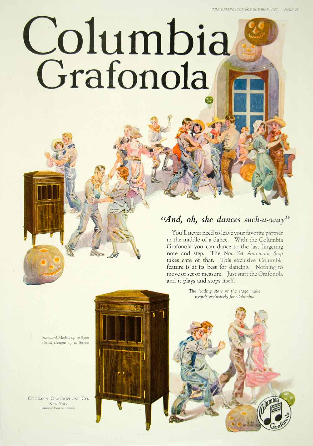 1920 Ad Halloween Columbia Grafonola Dancing Couples Party Pumpkins YDL9