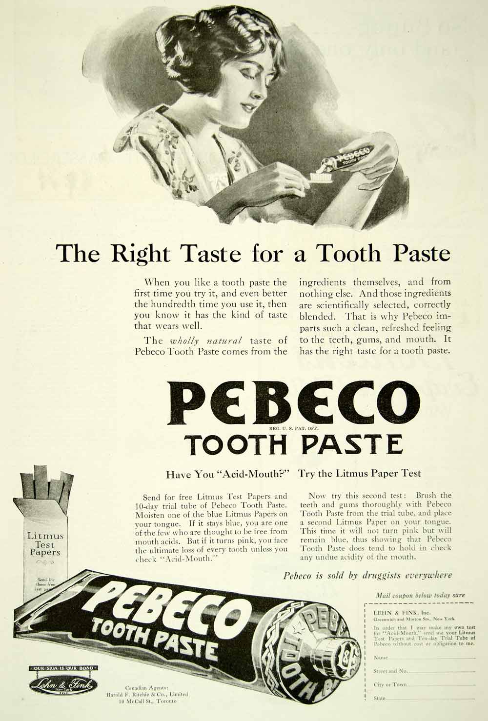1920 Ad Pebeco Toothpaste Dental Hygiene 10 McCall St Toronto Litmus Test YDL9